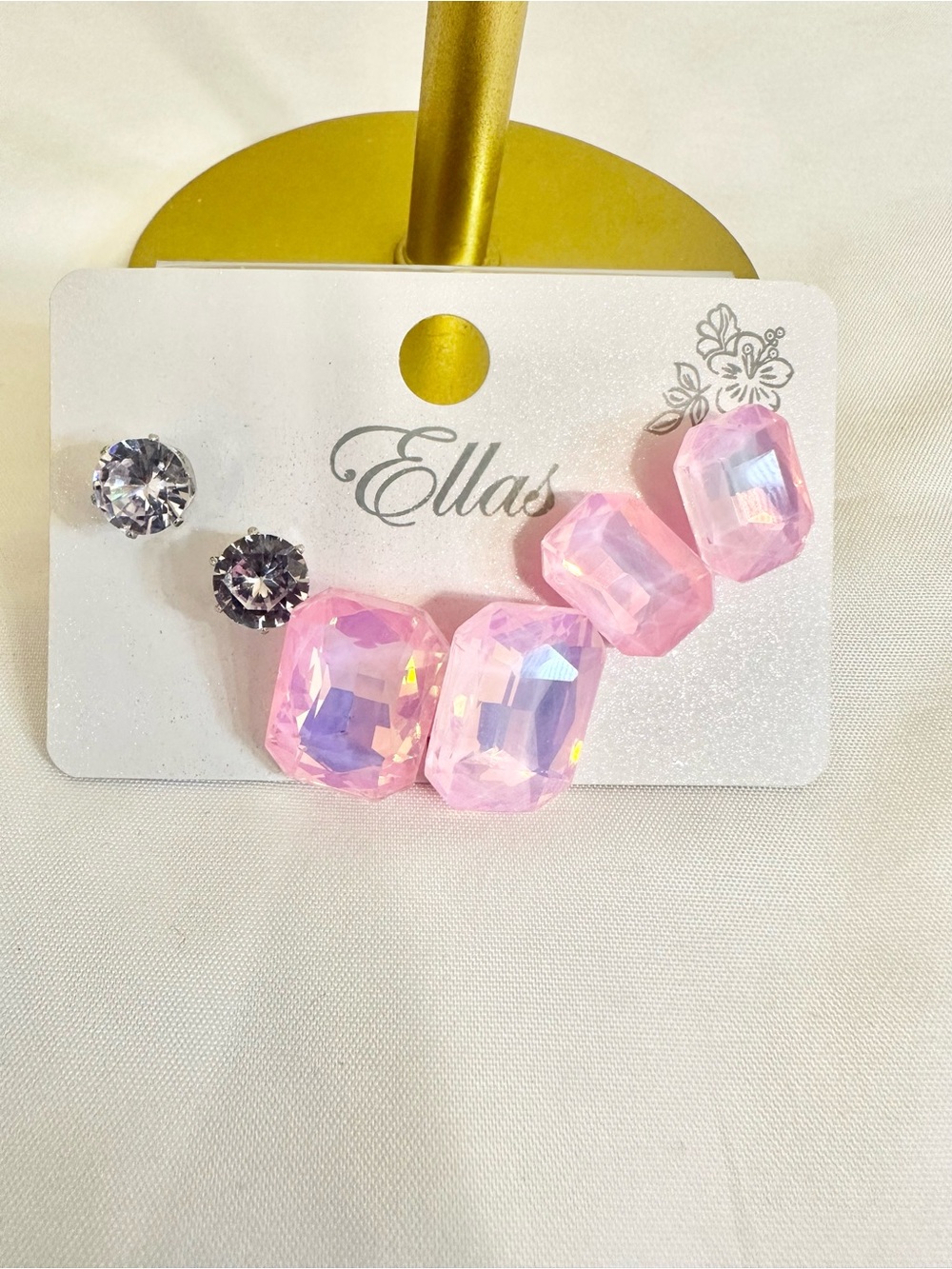 Ellas Pink and Clear Crystal Multi-Sized Trio Stud Earrings Set - Silver-Tone